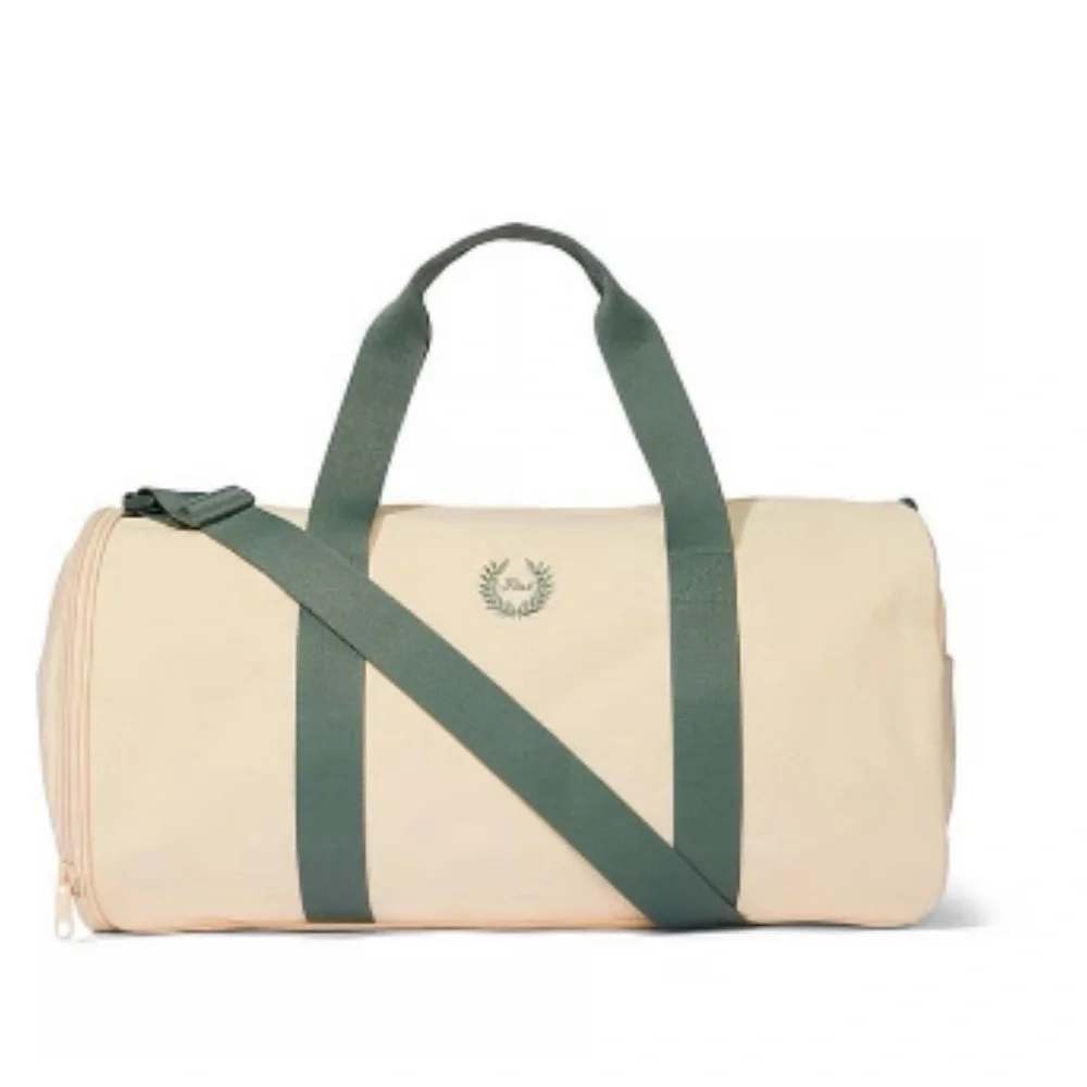 NWT Victoria's Secret Duffel Bag Green Canvas Sleep Over Party Road Trip Bag